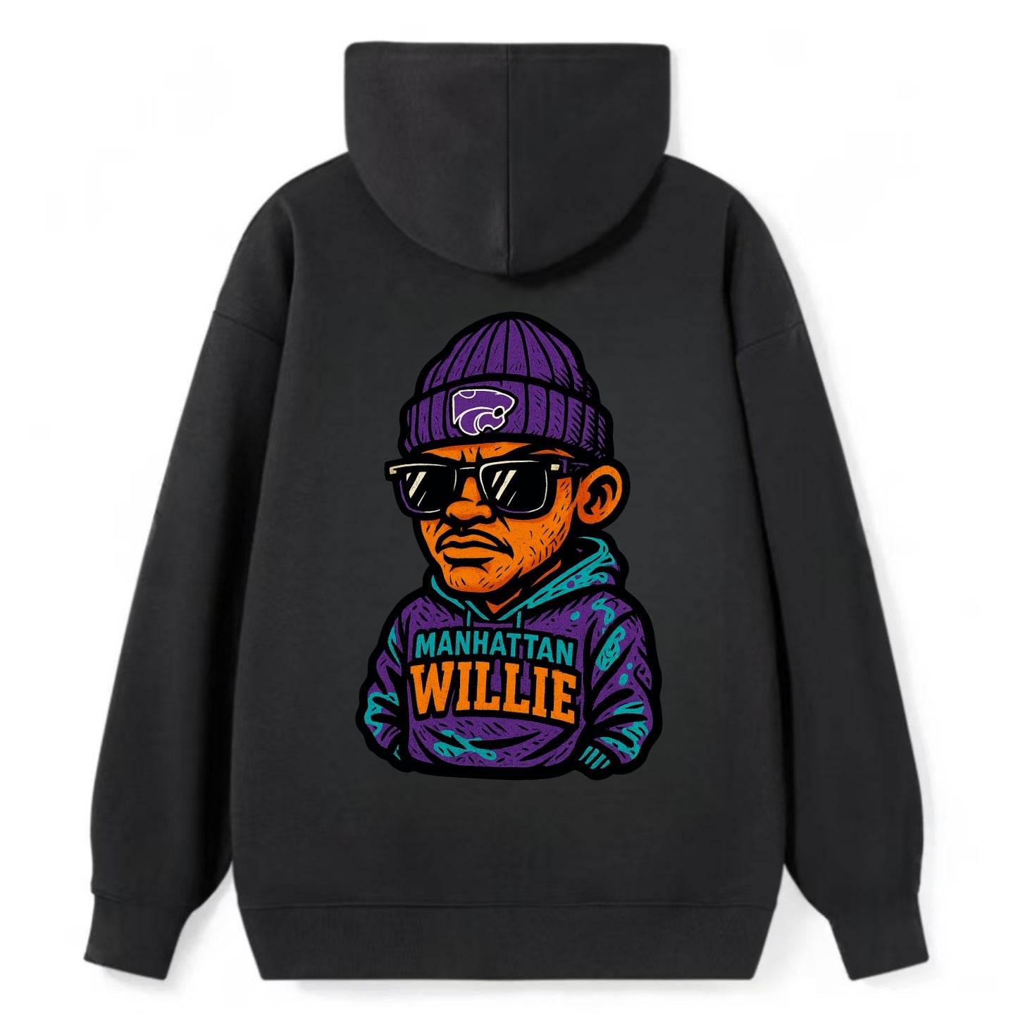 Manhattan Willie wearing Kansas State beanie with powercat patch - Classic Pullover Hoodie - Black