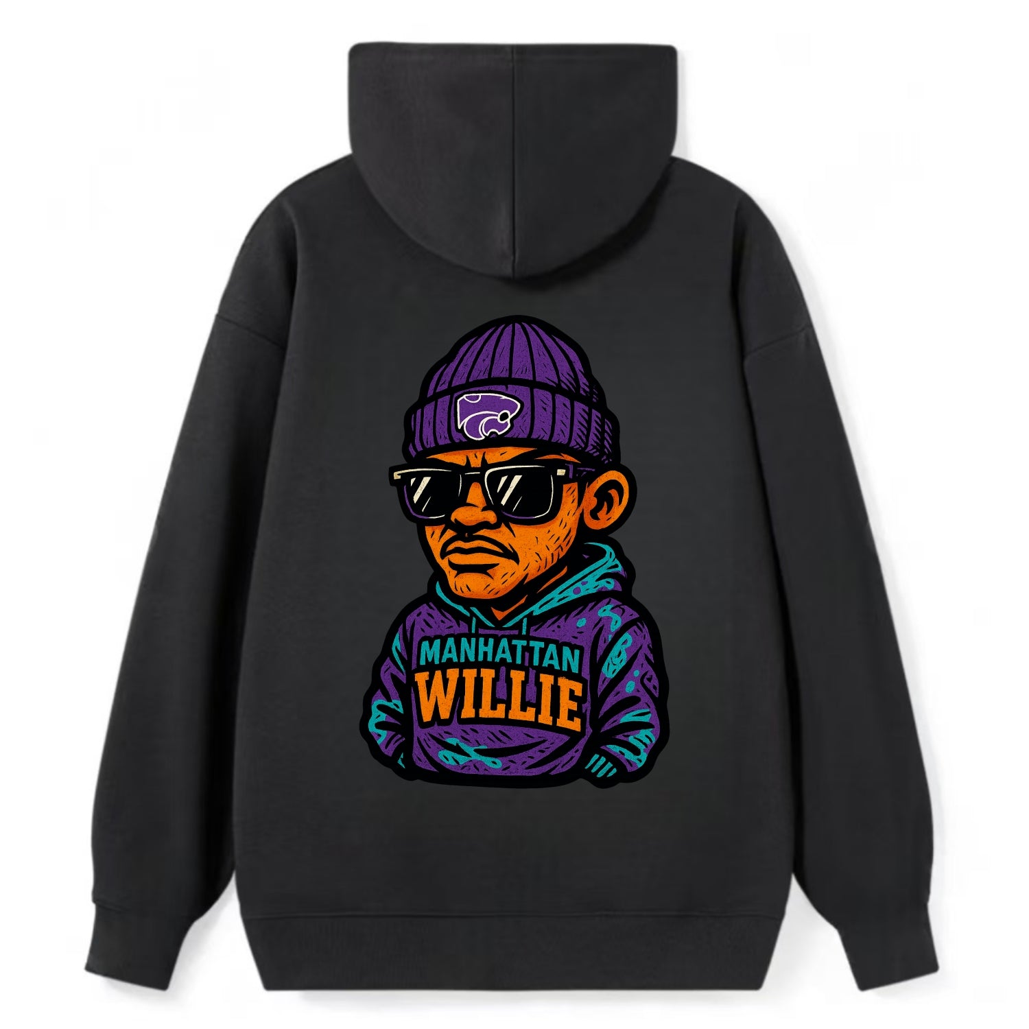 Manhattan Willie wearing Kansas State beanie with powercat patch - Classic Pullover Hoodie - Black