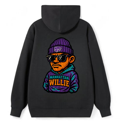 Manhattan Willie wearing Kansas State beanie with powercat patch - Classic Pullover Hoodie - Black