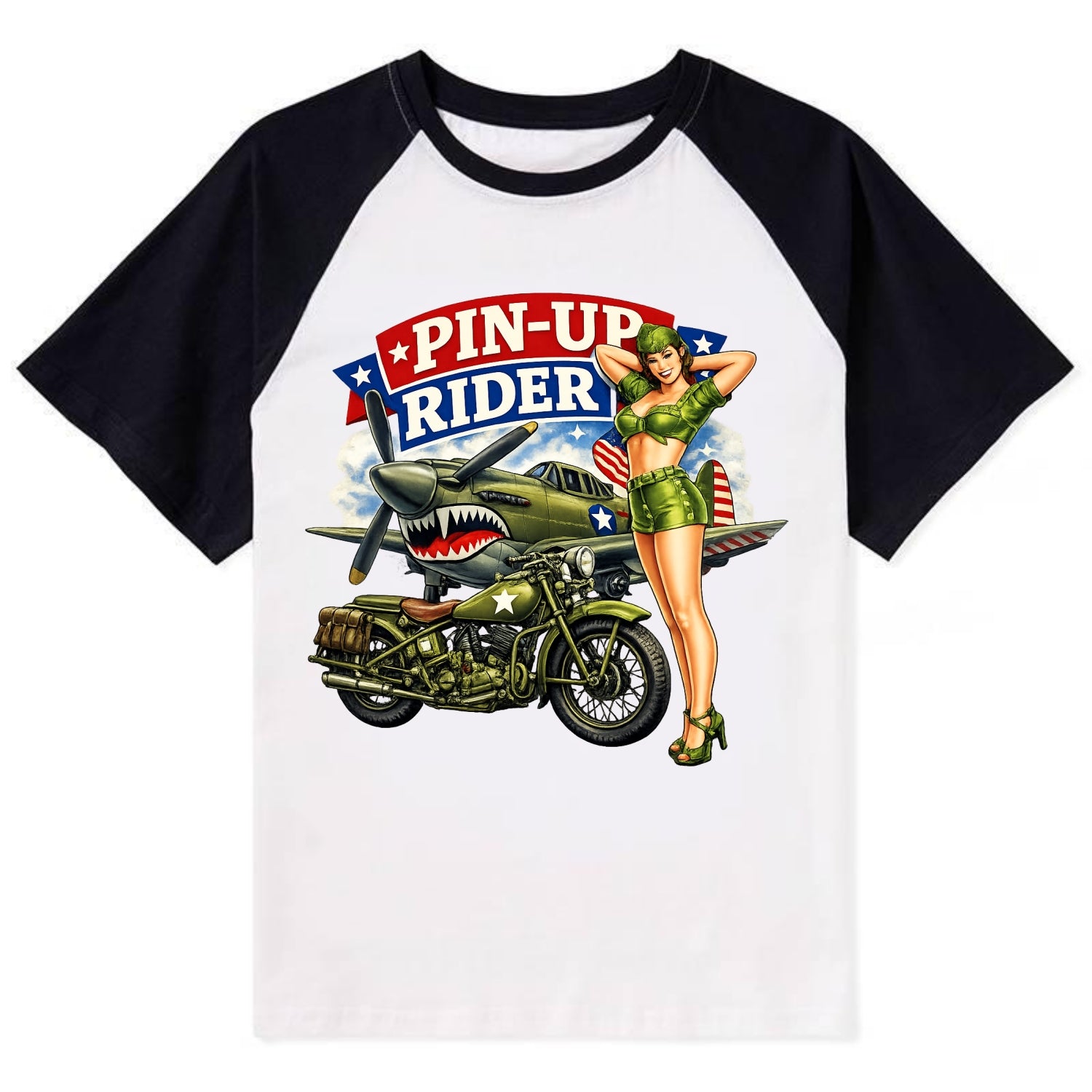 Wwii Pin Up Rider - Contrast Raglan T-shirt - Black