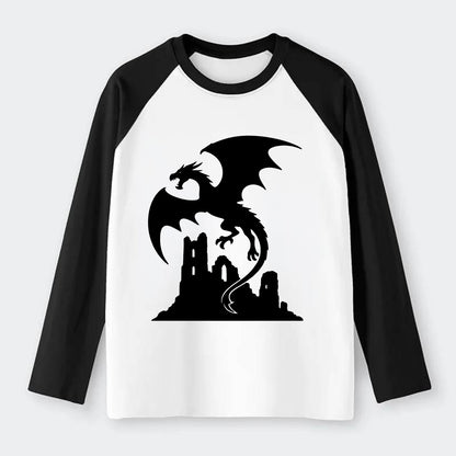 Dragon flying over castle ruins - Raglan Long Sleeve T-Shirt - Black