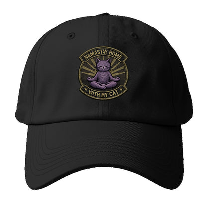 NAMASTAY HOME WITH MY CAT - yoga cat in purple , introvert cat - Baseball Cap - Black