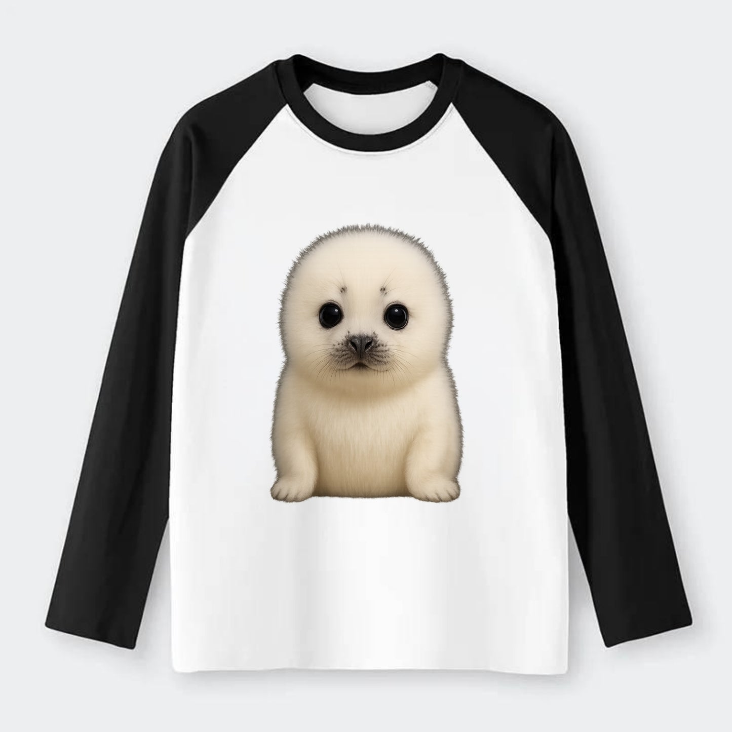 Baby Harp Seal - pure white fluffy fur, enormous dark eyes, - Raglan Long Sleeve T-Shirt - Black