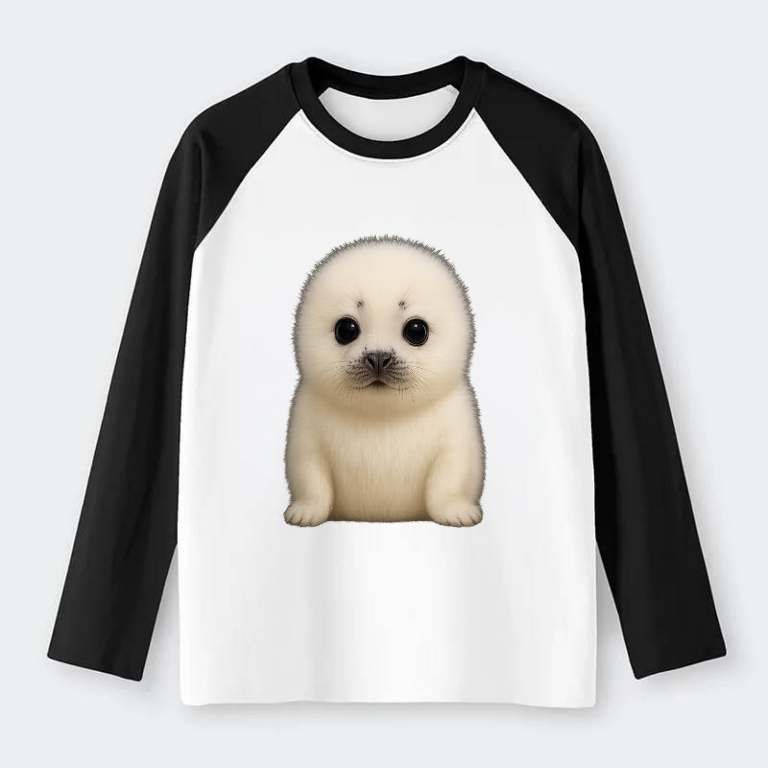 Baby Harp Seal - pure white fluffy fur, enormous dark eyes, - Raglan Long Sleeve T-Shirt - Black