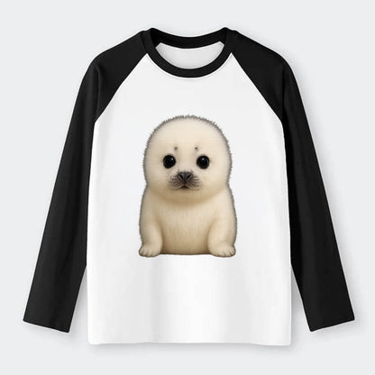 Baby Harp Seal - pure white fluffy fur, enormous dark eyes, - Raglan Long Sleeve T-Shirt - Black