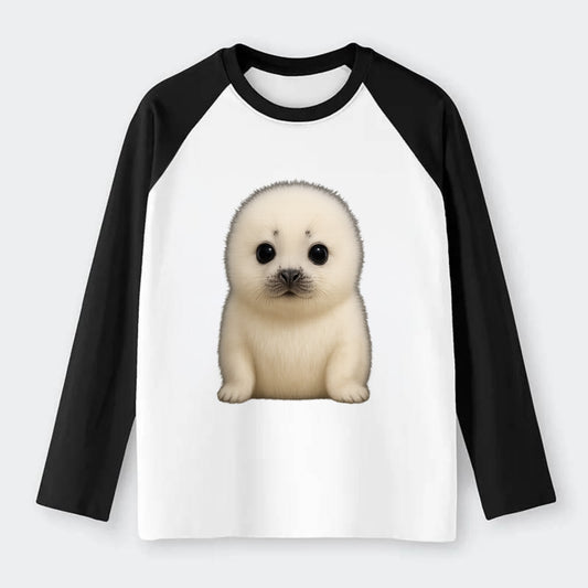 Baby Harp Seal - pure white fluffy fur, enormous dark eyes, - Raglan Long Sleeve T-Shirt - Black