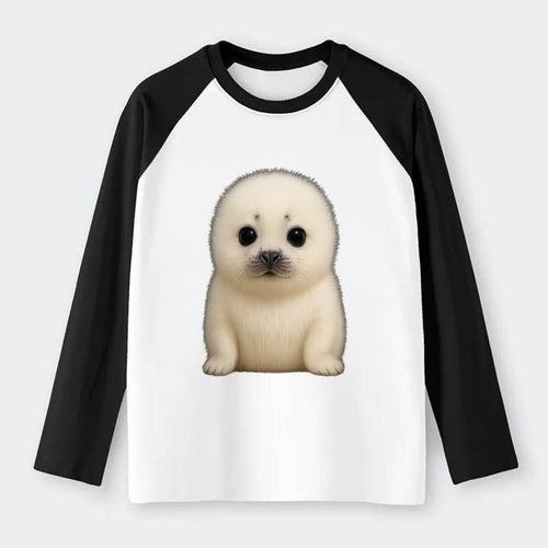 Baby Harp Seal - pure white fluffy fur, enormous dark eyes, - Raglan Long Sleeve T-Shirt