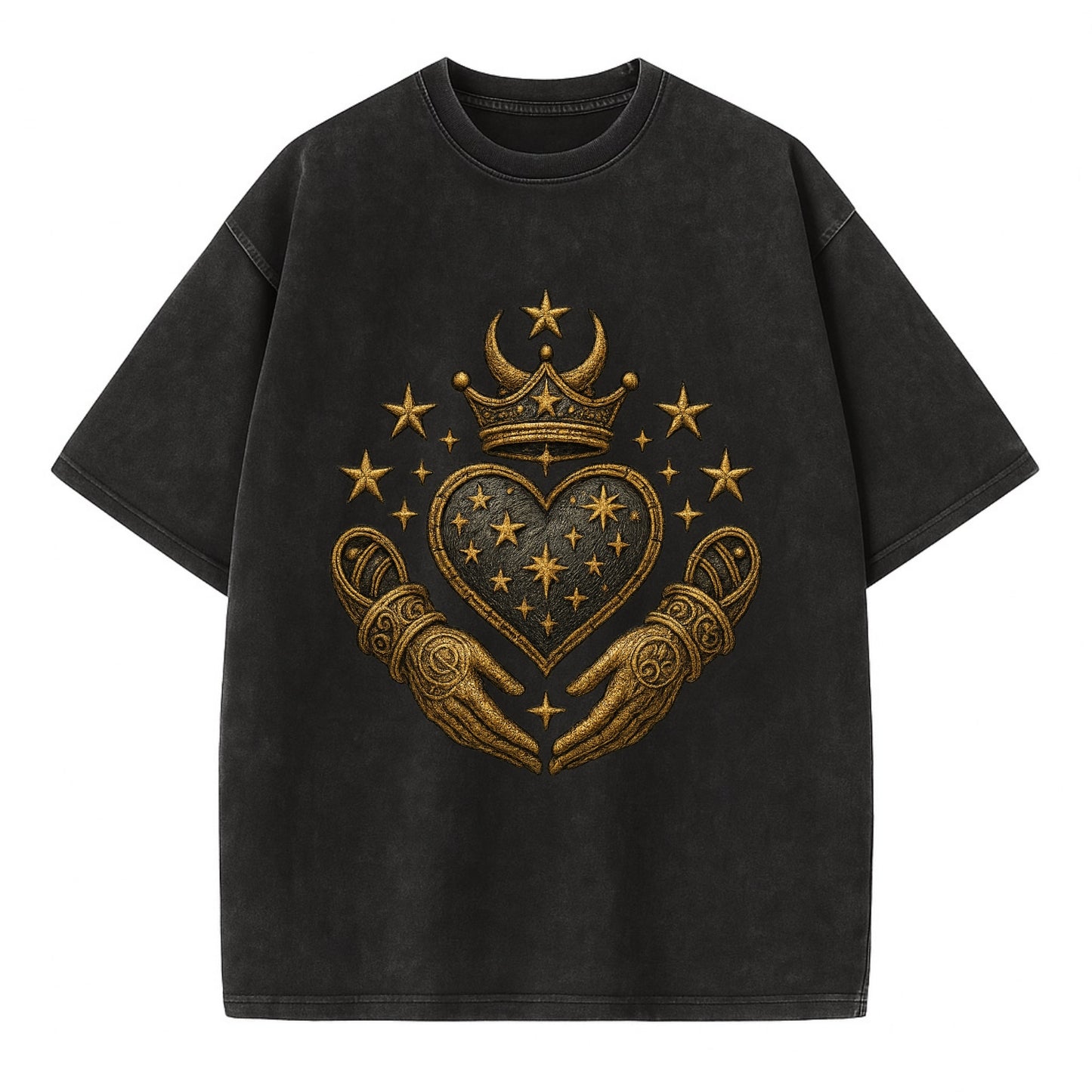 Weathered antique brass crown above a hammered gunmetal heart framed by ivy-woven - Vintage T-shirt - Black
