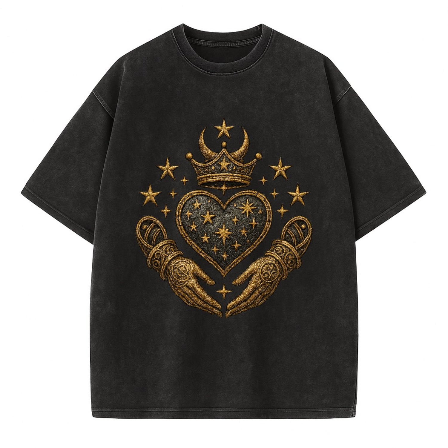 Weathered antique brass crown above a hammered gunmetal heart framed by ivy-woven - Vintage T-shirt - Black