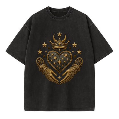 Weathered antique brass crown above a hammered gunmetal heart framed by ivy-woven - Vintage T-shirt - Black