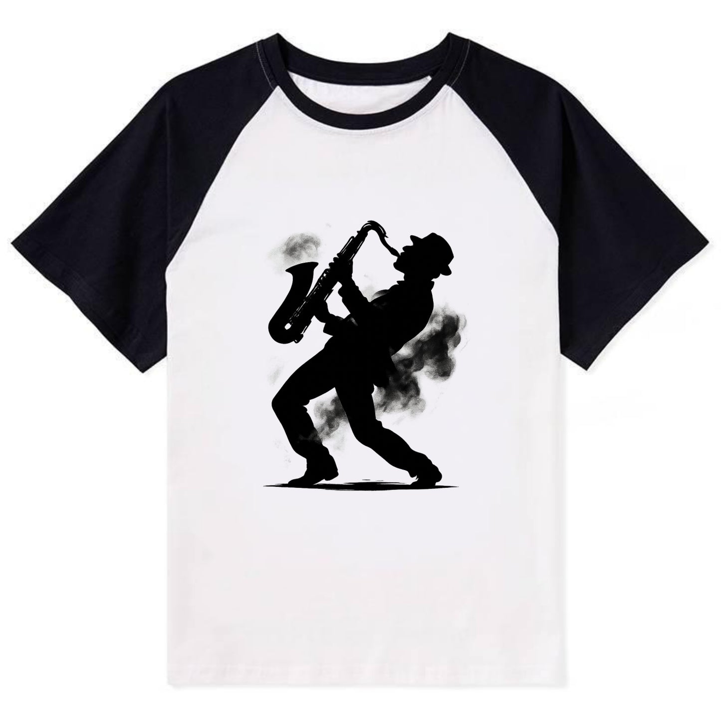 Saxophonist playing jazz in smoky room - Contrast Raglan T-shirt - Black
