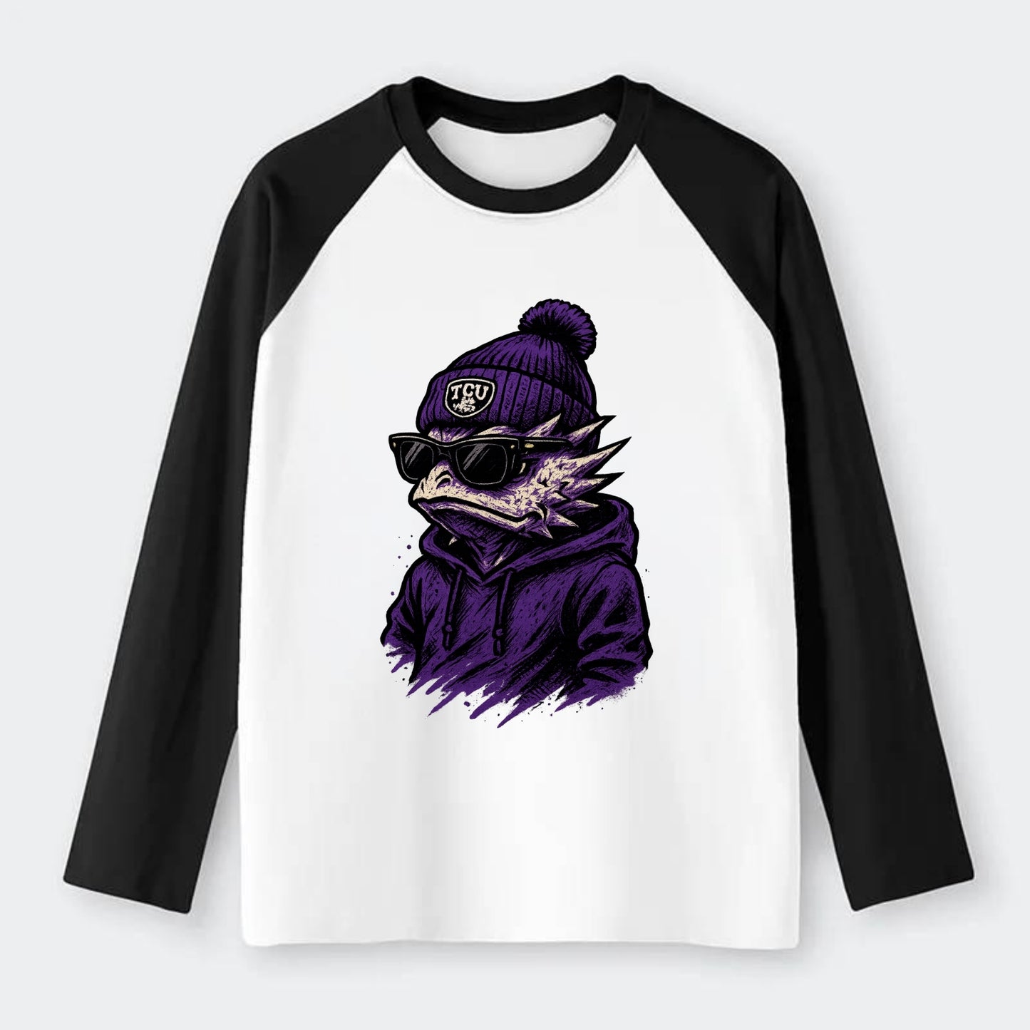 Fort Worth Horned Frog wearing TCU beanie with frog patch - Raglan Long Sleeve T-Shirt - Black