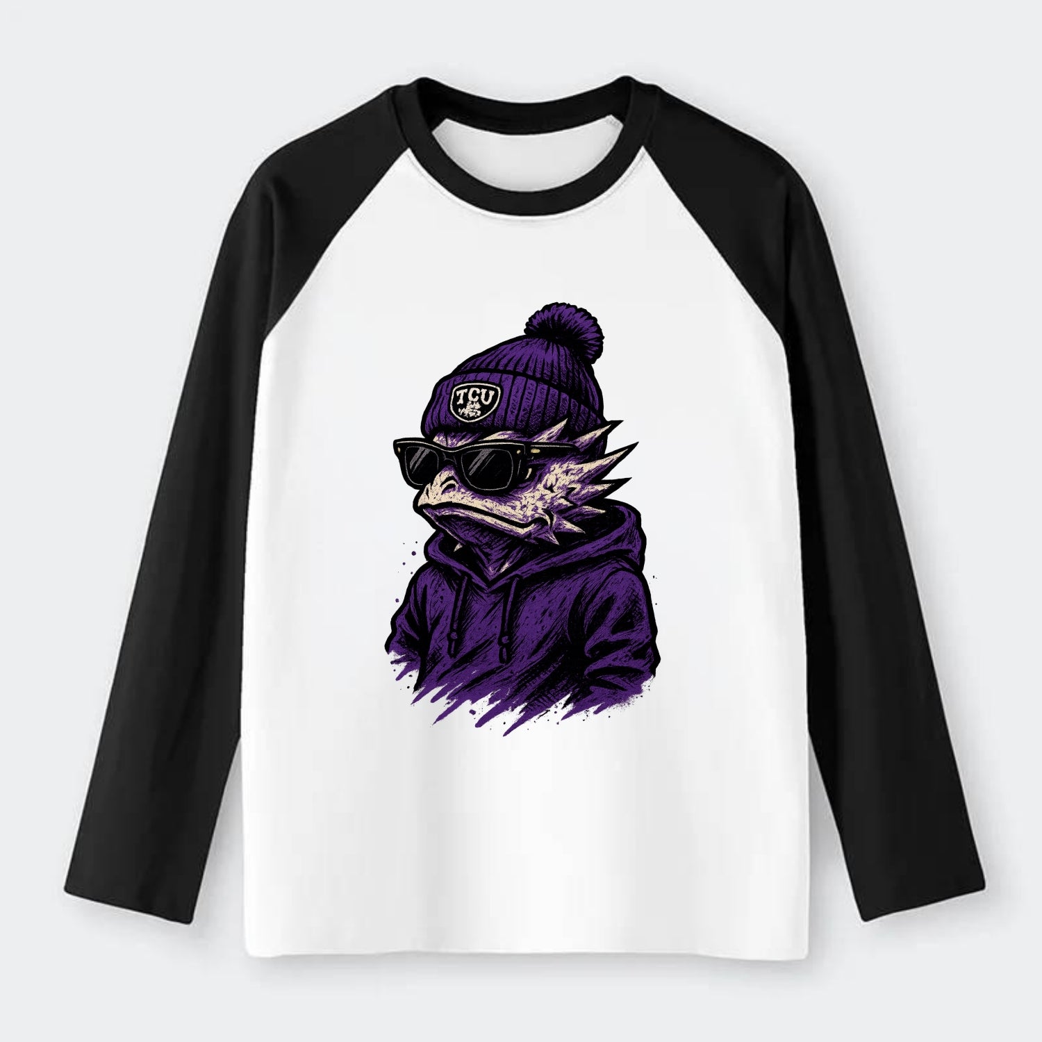 Fort Worth Horned Frog wearing TCU beanie with frog patch - Raglan Long Sleeve T-Shirt - Black