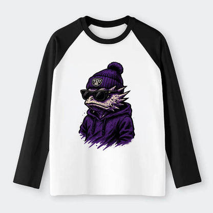 Fort Worth Horned Frog wearing TCU beanie with frog patch - Raglan Long Sleeve T-Shirt - Black