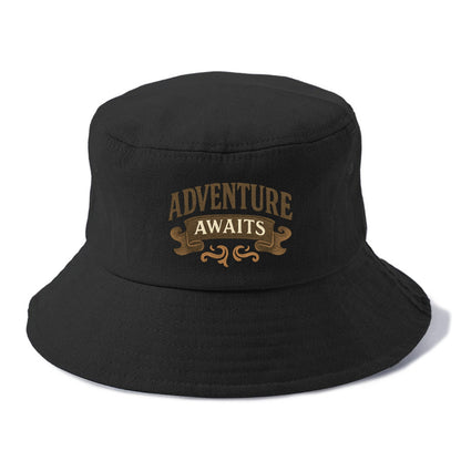 Bold typography design - "ADVENTURE AWAITS" - excitement ahead, ready for anything - Bucket Hat - Black
