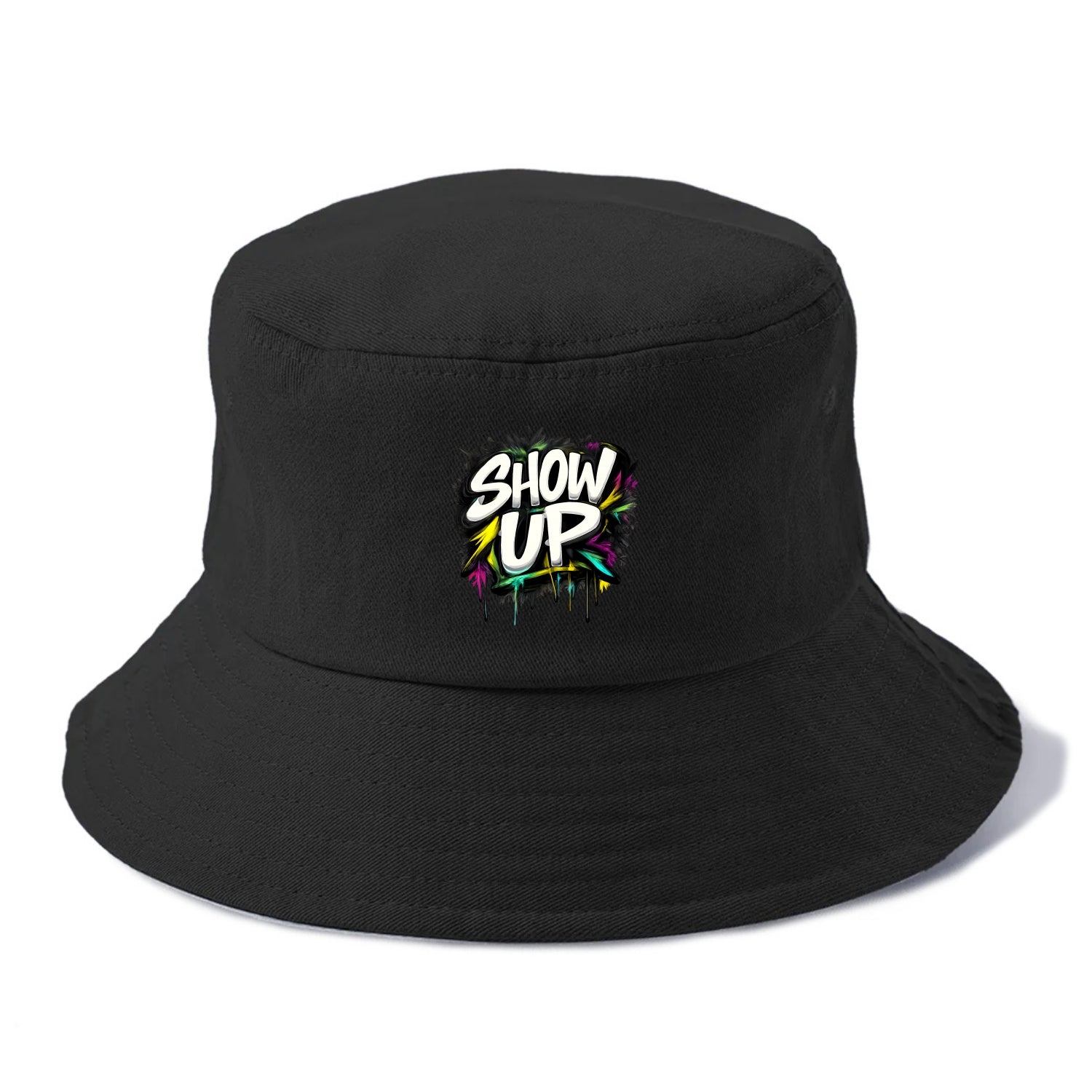 Bold typography design - "SHOW UP" - be present, arrive ready - Bucket Hat - Black