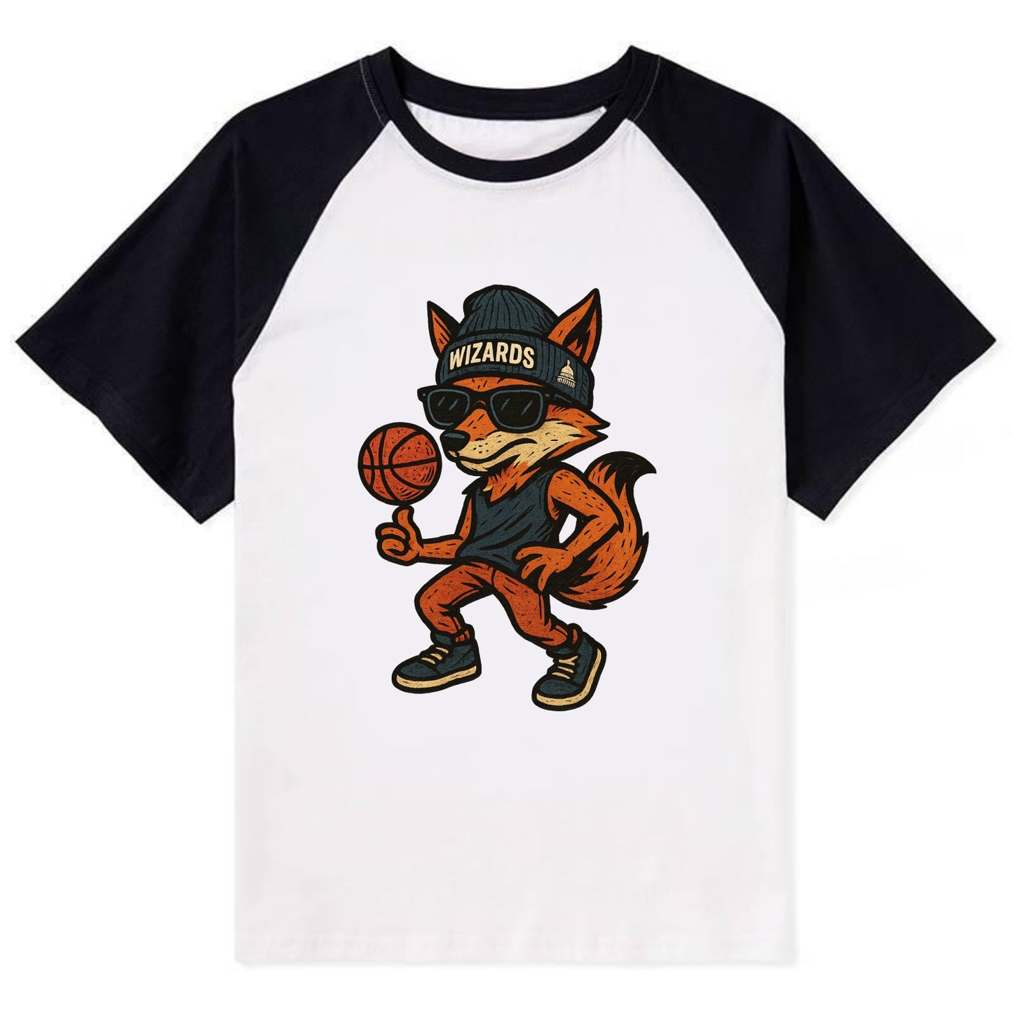 Washington Fox wearing Wizards beanie with capitol patch and wayfarer - Contrast Raglan T-shirt - Black