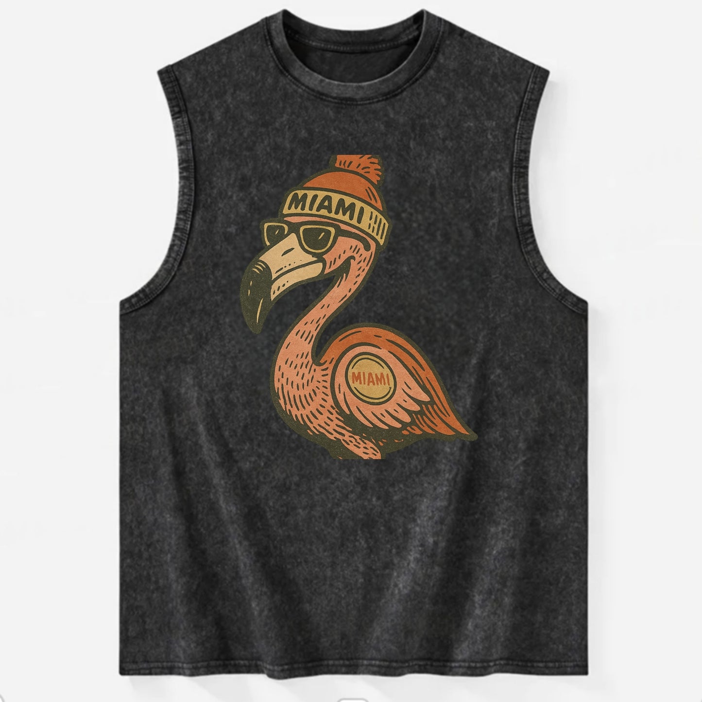 Miami Flamingo wearing Miami beanie with pom pom and wayfarer sunglasses - Vintage Washed Tank - Black