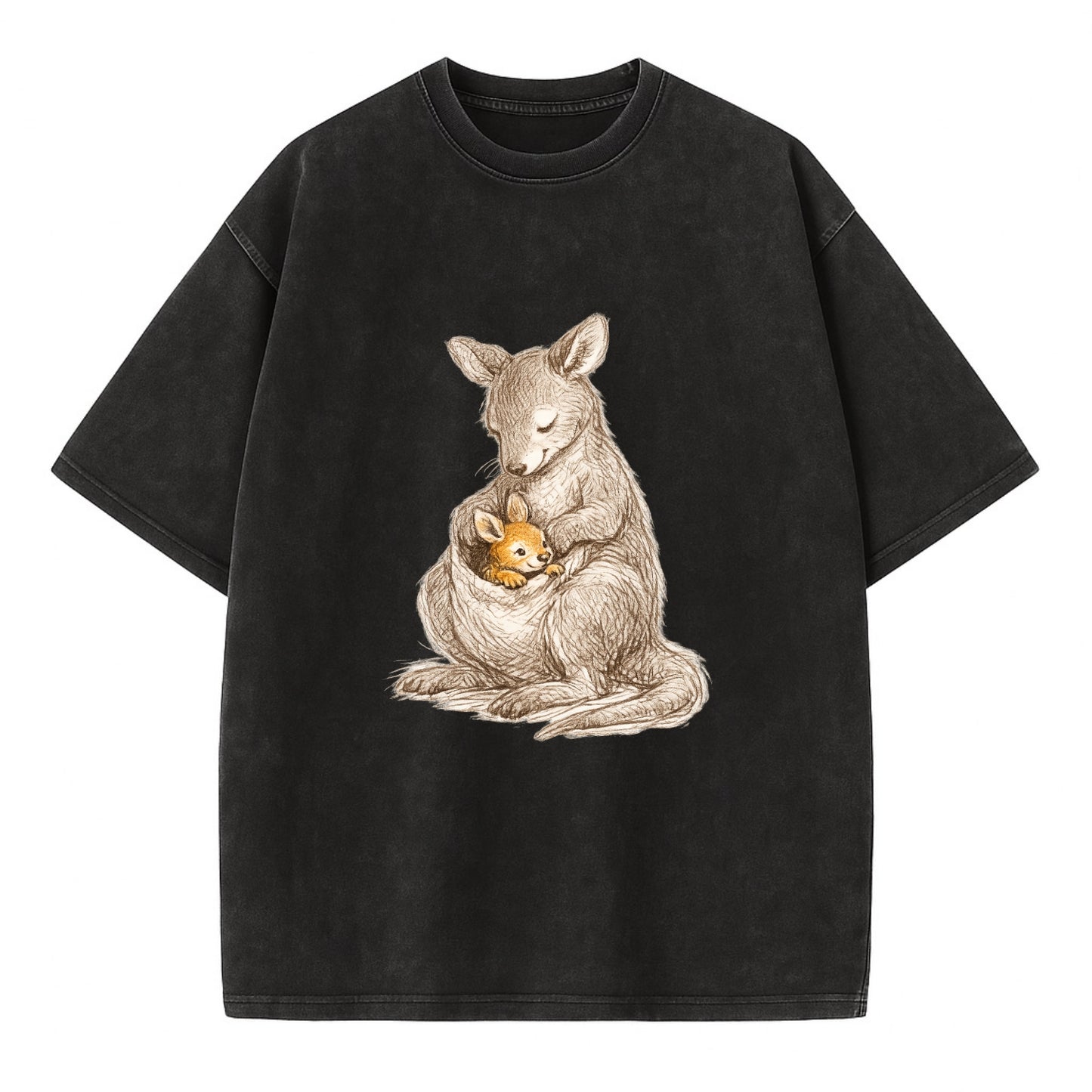 MOTHER'S POUCH | Kangaroo maternal embrace | Joey safe inside | Protective love | - Vintage T-shirt - Black