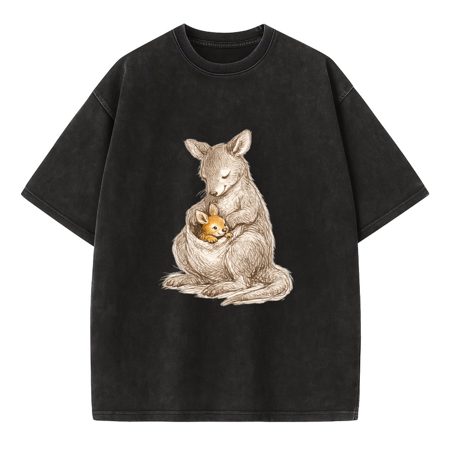 MOTHER'S POUCH | Kangaroo maternal embrace | Joey safe inside | Protective love | - Vintage T-shirt - Black