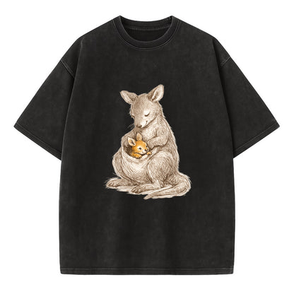 MOTHER'S POUCH | Kangaroo maternal embrace | Joey safe inside | Protective love | - Vintage T-shirt - Black