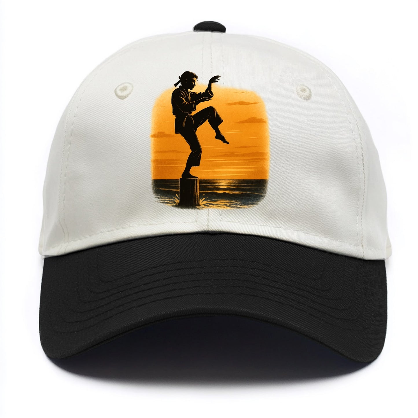 karate crane kick pose on wooden post at beach sunset - Two Tone Cap - Black