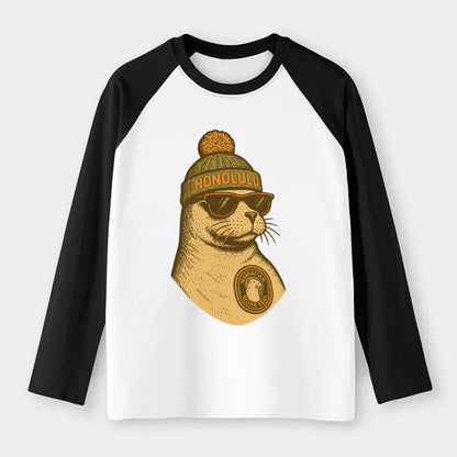 Hawaii Monk Seal wearing Honolulu beanie with pom pom and wayfarer - Raglan Long Sleeve T-Shirt - Black