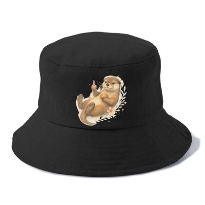 adorable otter floating on back, middle finger up while holding a shellfish - Bucket Hat - Black