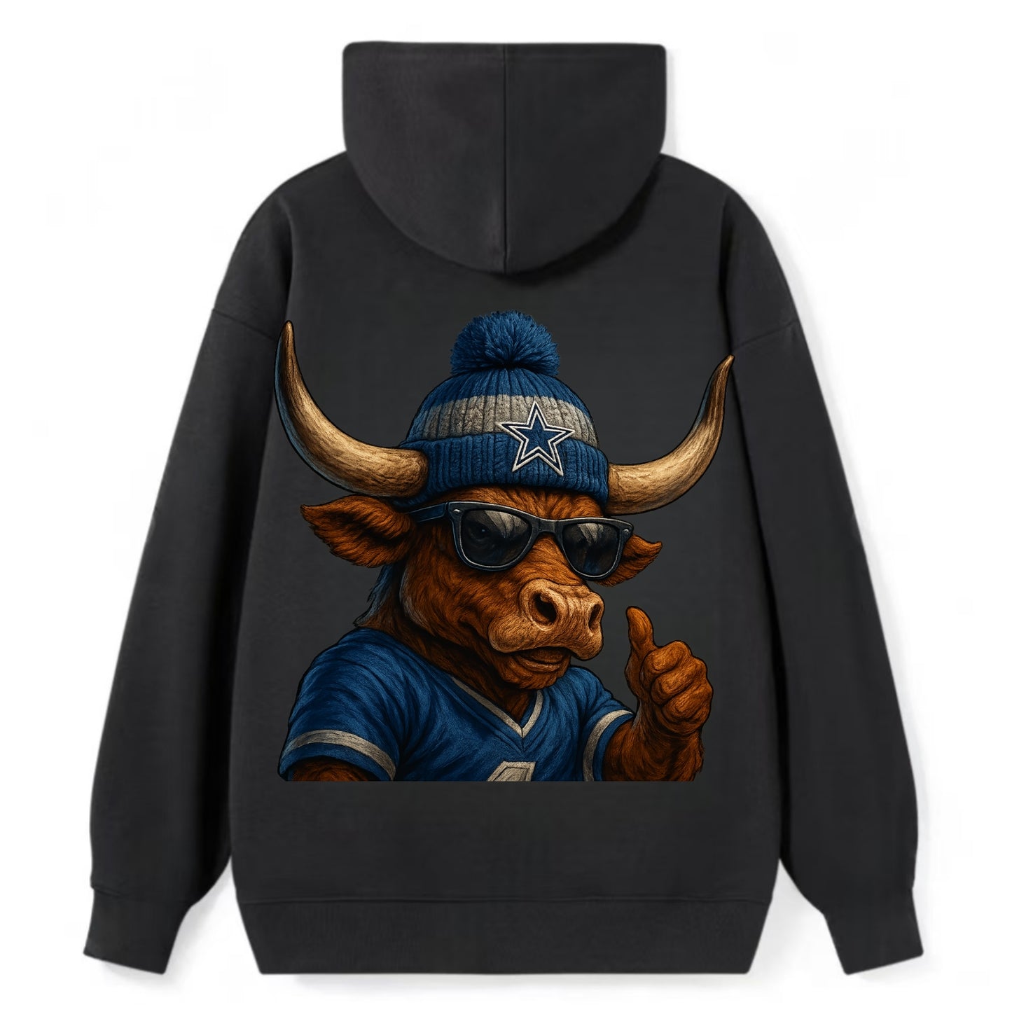 Texas Longhorn wearing Cowboys silver and blue beanie with star and - Classic Pullover Hoodie - Black