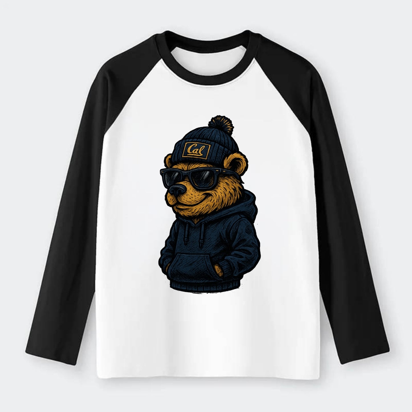 Berkeley Bear wearing Cal beanie with script patch - Raglan Long Sleeve T-Shirt - Black