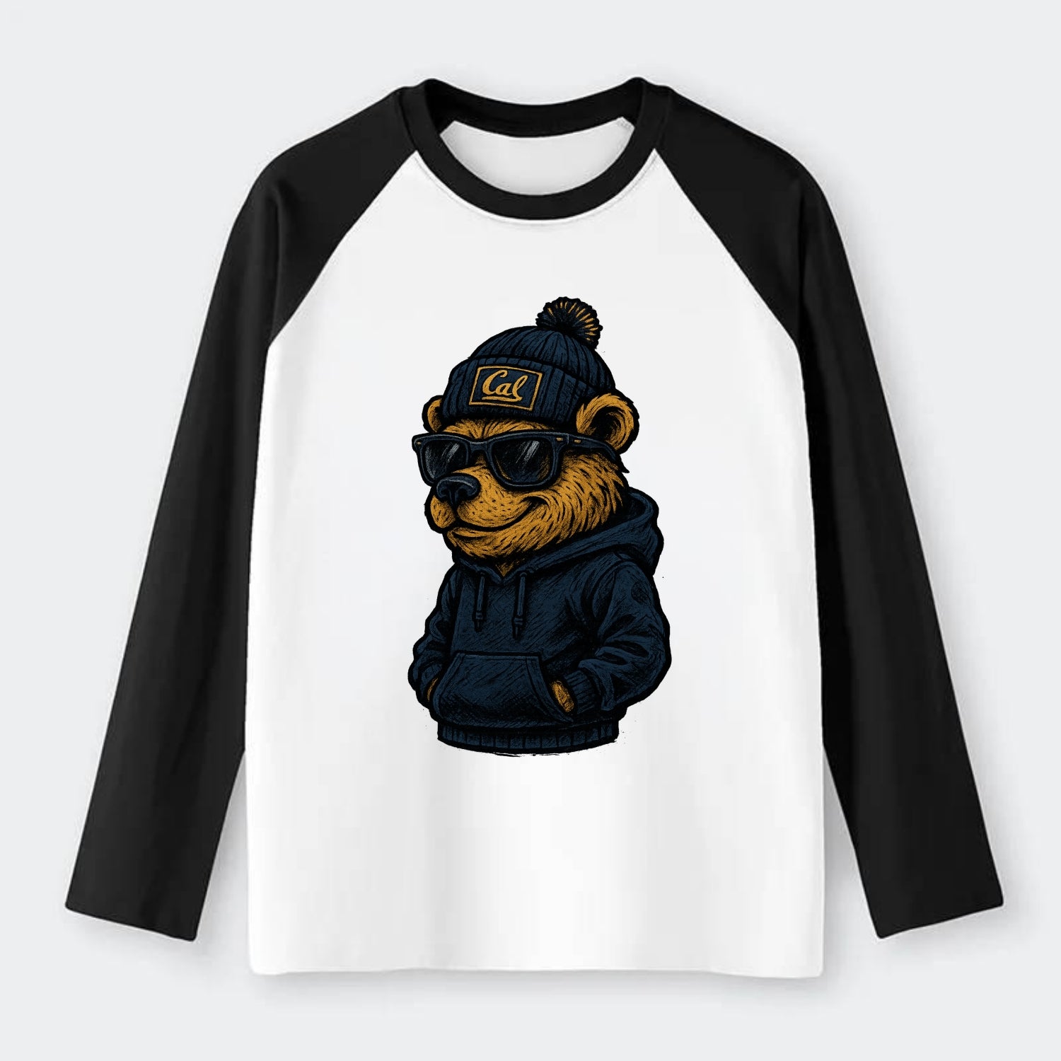 Berkeley Bear wearing Cal beanie with script patch - Raglan Long Sleeve T-Shirt - Black