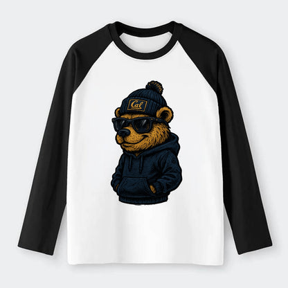 Berkeley Bear wearing Cal beanie with script patch - Raglan Long Sleeve T-Shirt - Black