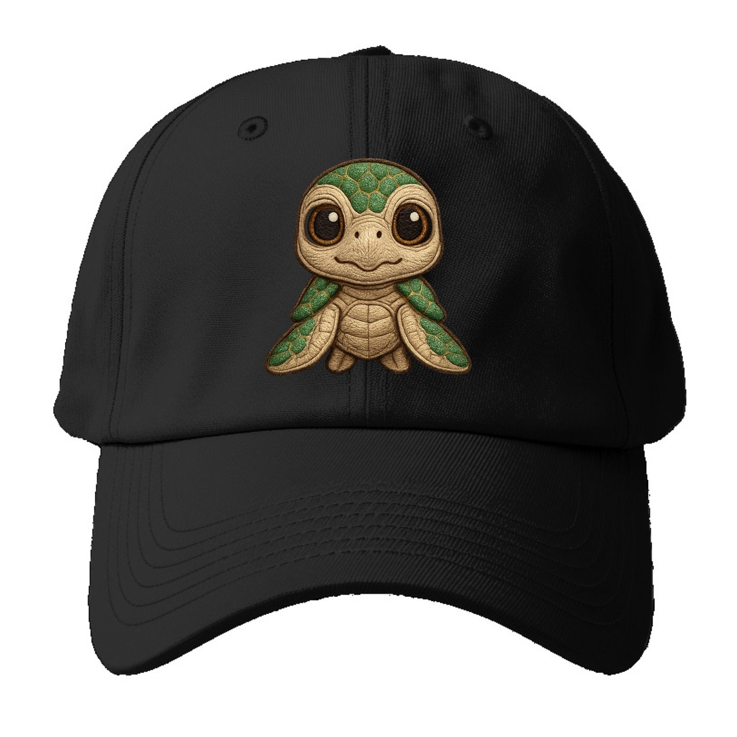 Baby Green Sea Turtle - emerald shell, large innocent brown eyes, tiny - Baseball Cap For Big Heads - Black