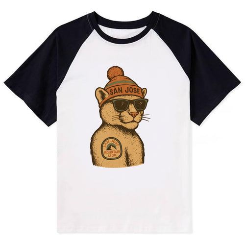 San Jose Mountain Lion wearing San Jose beanie with pom pom and wayfarer - Contrast Raglan T-shirt