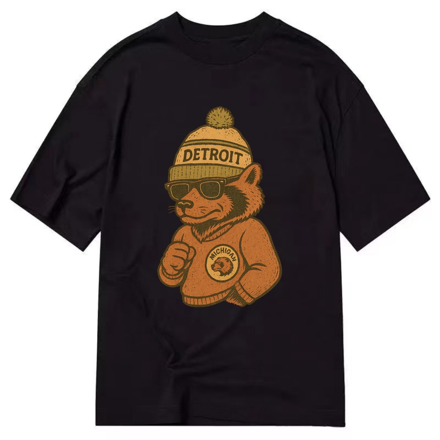 Michigan Wolverine wearing Detroit beanie with pom pom and wayfarer sunglasses - Classic T-shirt - Black