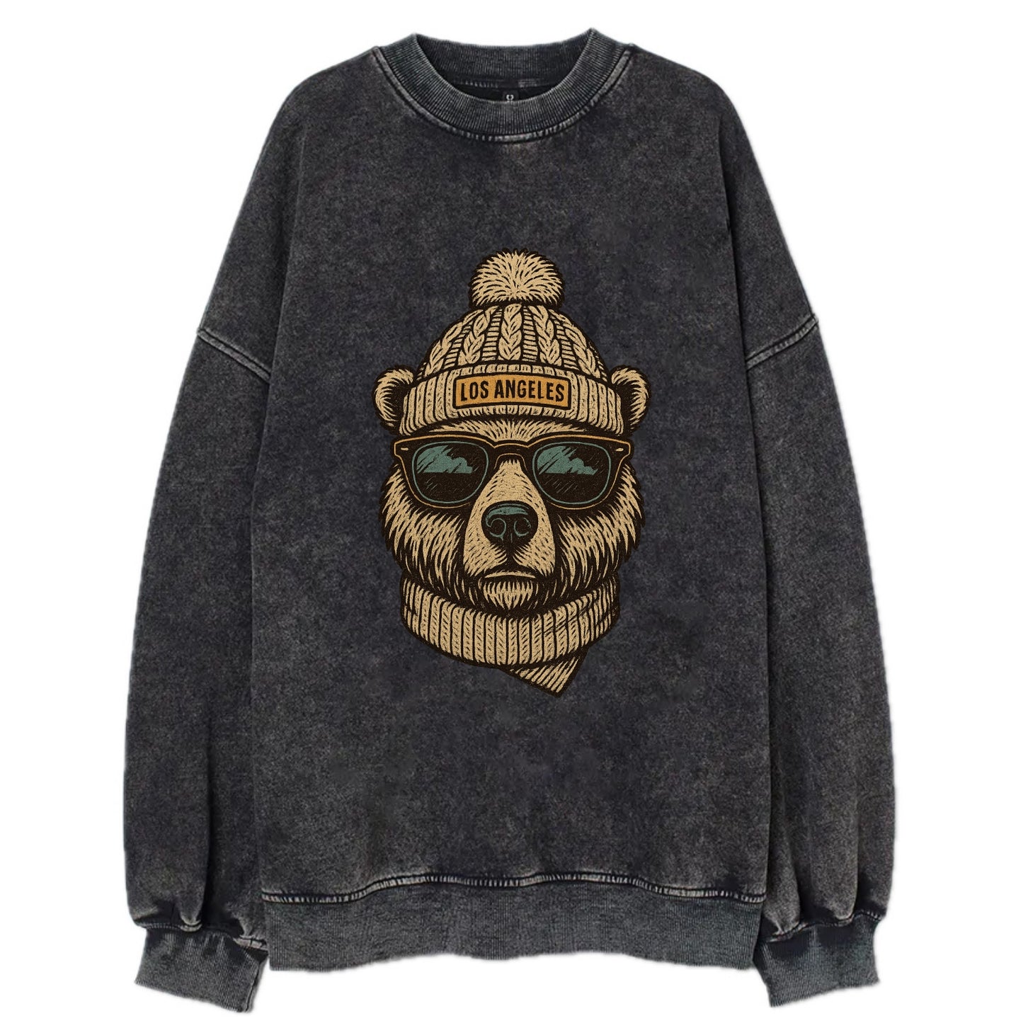 California Grizzly Bear wearing Los Angeles beanie with pom pom and wayfarer - Vintage Sweatshirt - Black
