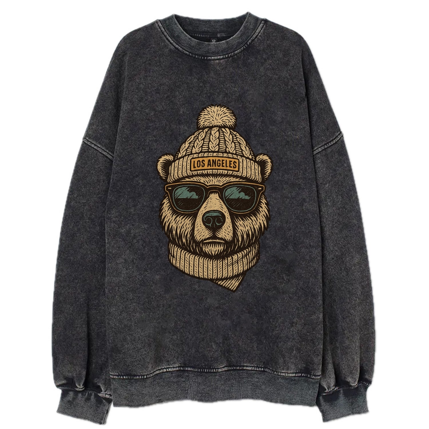 California Grizzly Bear wearing Los Angeles beanie with pom pom and wayfarer - Vintage Sweatshirt - Black