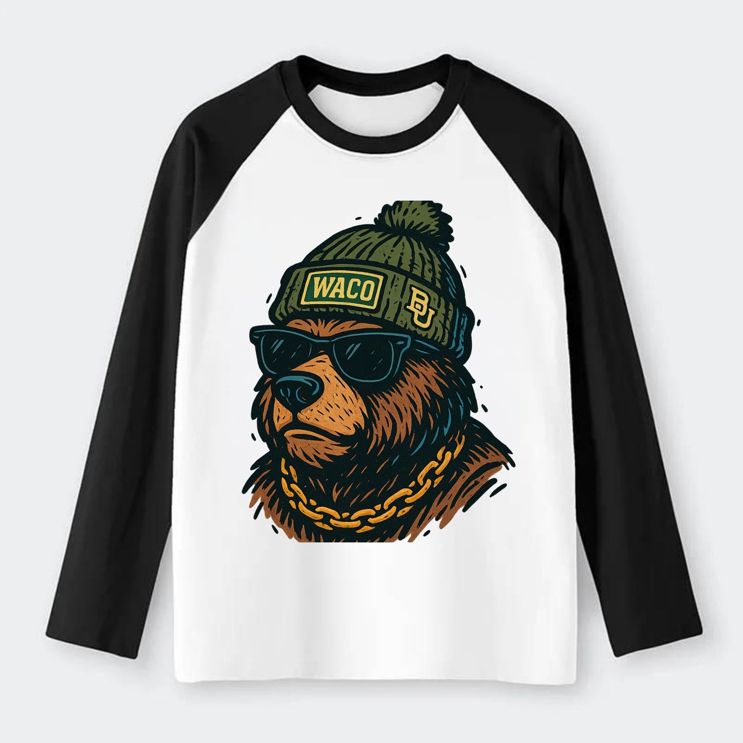 Waco Bear wearing Baylor beanie with BU patch - Raglan Long Sleeve T-Shirt - Black