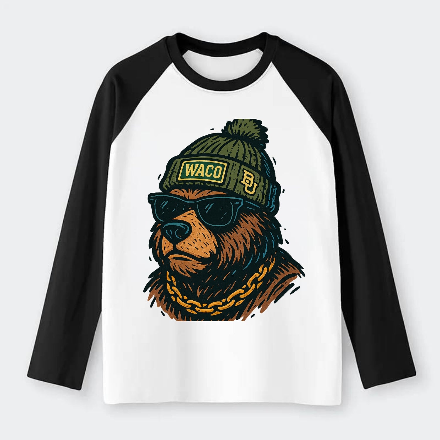 Waco Bear wearing Baylor beanie with BU patch - Raglan Long Sleeve T-Shirt - Black