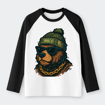Waco Bear wearing Baylor beanie with BU patch - Raglan Long Sleeve T-Shirt - Black