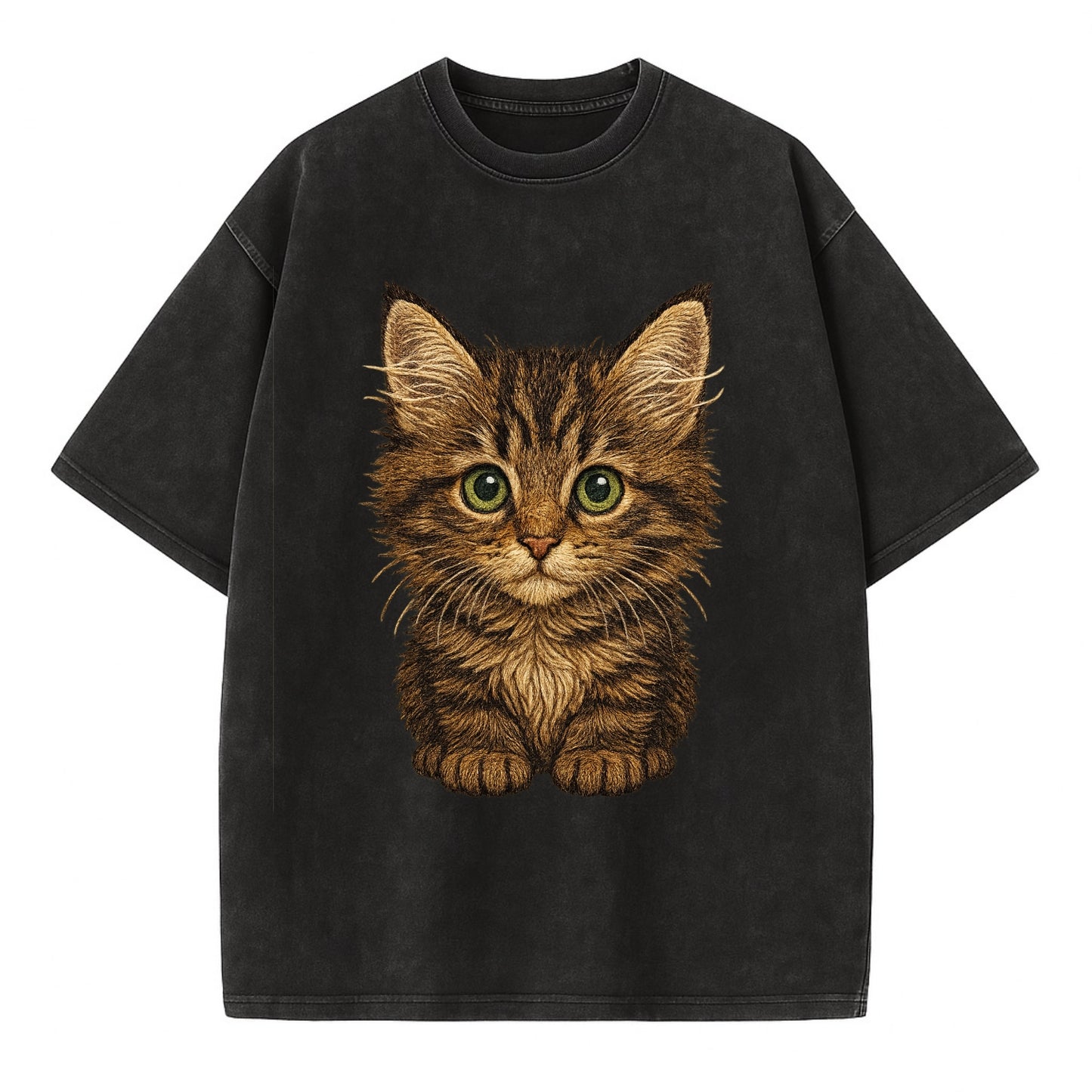 Baby Maine Coon Kitten - large fluffy tabby, tufted ears, big green eyes, - Vintage T-shirt - Black