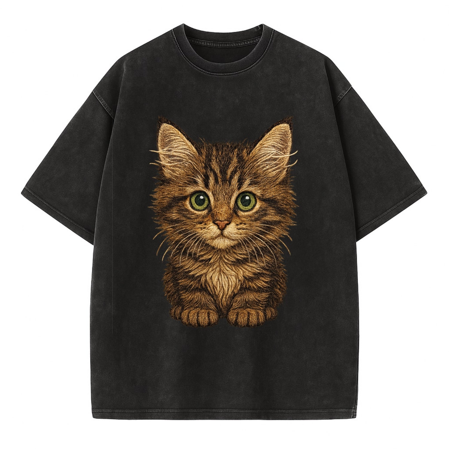 Baby Maine Coon Kitten - large fluffy tabby, tufted ears, big green eyes, - Vintage T-shirt - Black
