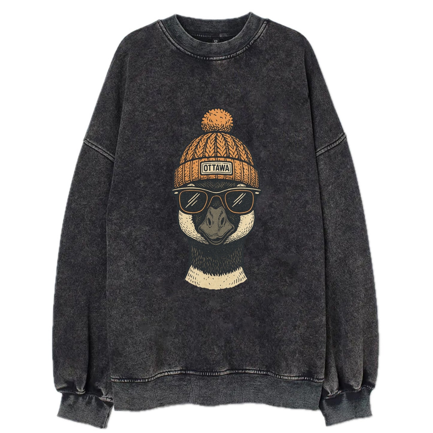 Ottawa Canadian Goose wearing Ottawa beanie with pom pom and wayfarer - Vintage Sweatshirt - Black