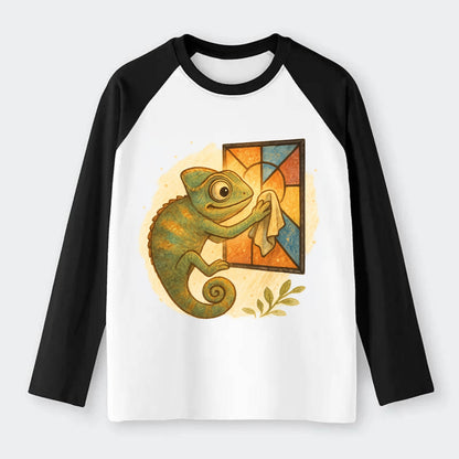 Chameleon blending into a stained-glass window it is polishing with - Raglan Long Sleeve T-Shirt - Black