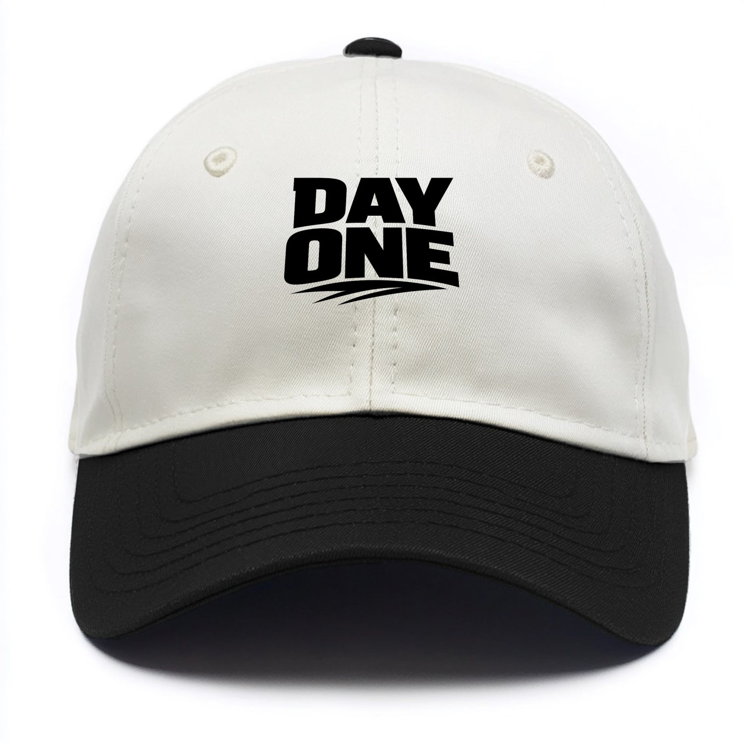 Bold typography design - "DAY ONE" - original friend, from the start - Two Tone Cap - Black