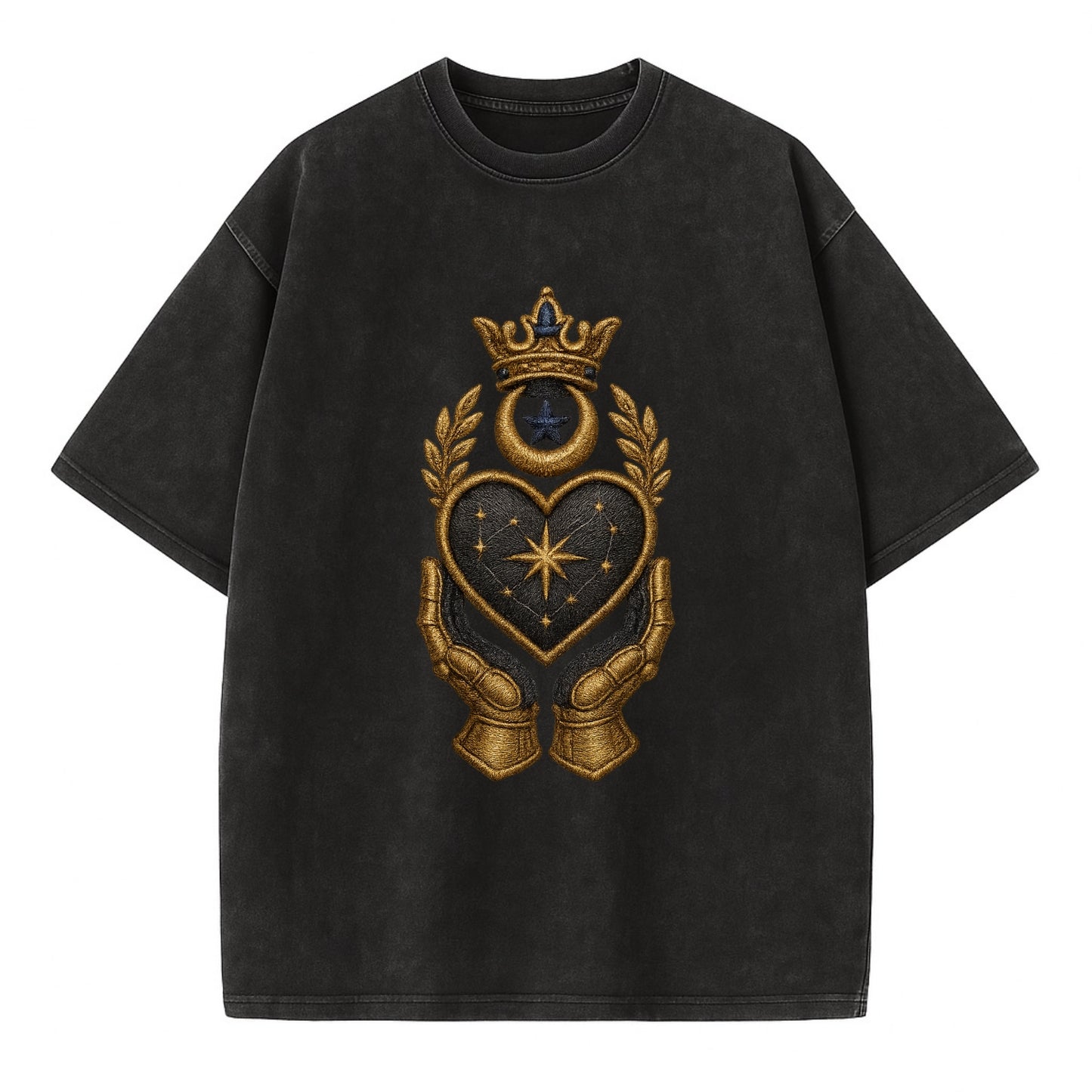 Crowned heart with Art Deco sunburst crown and geometric filigree hands cradling - Vintage T-shirt - Black