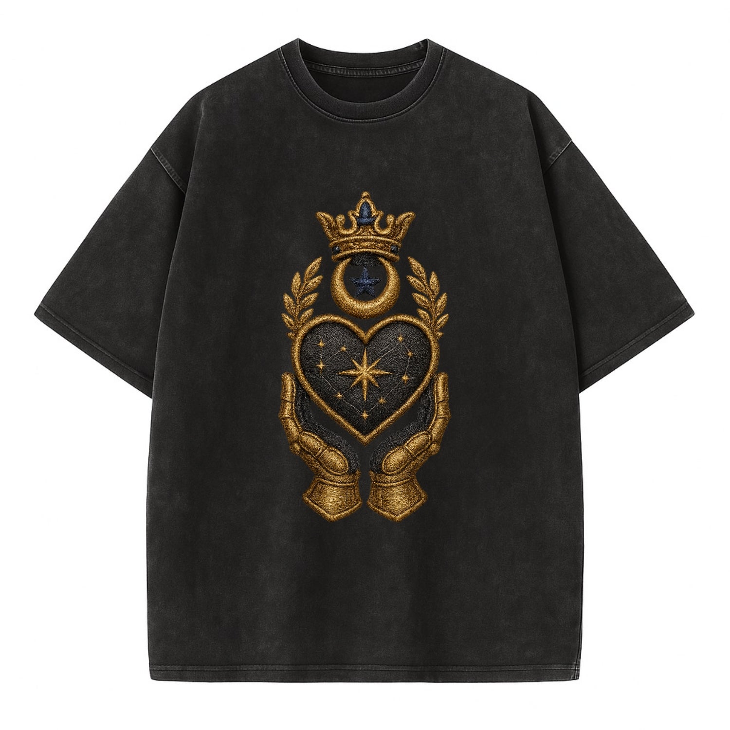 Crowned heart with Art Deco sunburst crown and geometric filigree hands cradling - Vintage T-shirt - Black