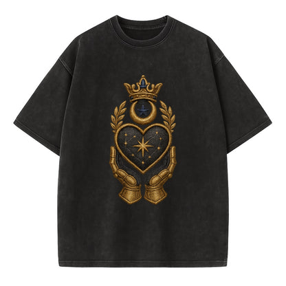 Crowned heart with Art Deco sunburst crown and geometric filigree hands cradling - Vintage T-shirt - Black