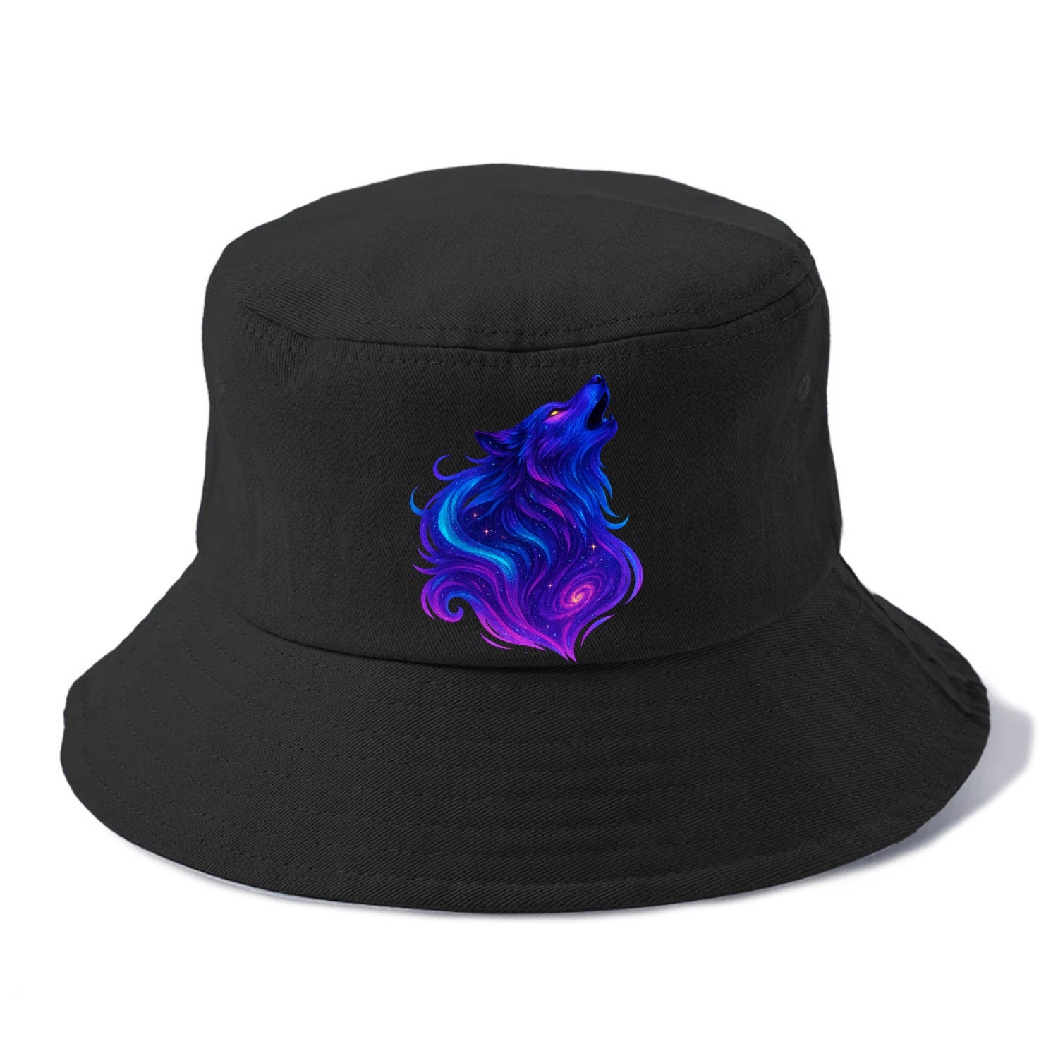 Noble wolf with flowing fur that transforms into aurora borealis streams, cyan and - Bucket Hat - Black