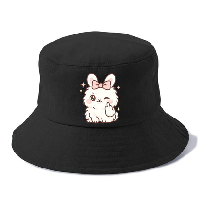 fluffy white angora rabbit with pink bow, one paw delicately flipping off - Bucket Hat - Black